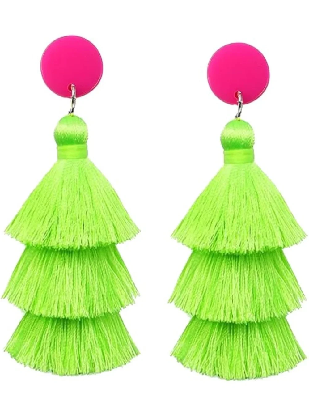 Zara Neon Green and Hot Pink Tiered Tassel Drop Earrings